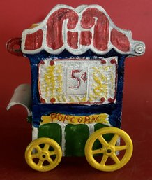 Vintage Reproduction Cast Iron Popcorn Cart Still Bank, 5' X 4' X 6'H