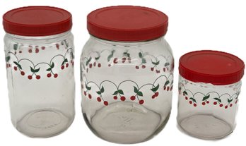 3 Pcs Kitchenware Glass Lidded Storage Containers, Red/Green Linked Cherry Decorations