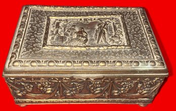 Antique Heavy French Repousse Bronze Lidded Jewelry Casket, Wood Lined, On Bun Feet, 6.25' X 4.25' X 3.25'H