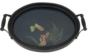 Vintage Oval Glass Top Serving Tray With Dried Greenery, 13.75' X 9.5' X 1.75'H