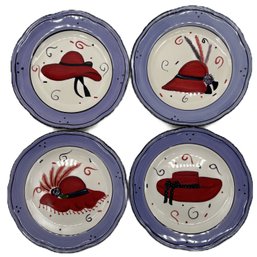 4 Pcs Vintage Red Hot Ladies Hand Painted Hat Plate Collection, 8-1/8' Diam.