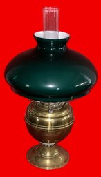 Antique B&H Brass Kerosene With Green Case Glass Shade, Non-Electrified, 11' Diam. X 20'H