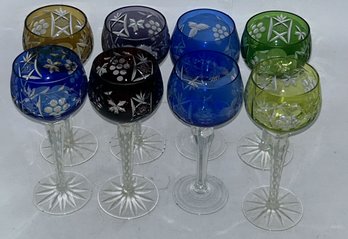 8 Pcs Vintage Quality Colored Cut Crystal Stemmed Wine Glasses