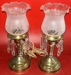 2 Pcs Matched Pair Brass & Etched Glass Shade Vanity Table Lamps With Prisms, 4.25' Diam. X 11.5'H