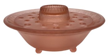 Spectacular Large Pink Depression Glass3 -footed Bowl With Removable Floral Frog, 12' Diam. X 5.5'H