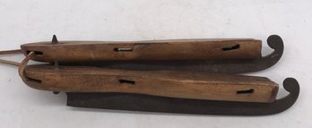 Antique Pair Primitive Wooden Ice Skates, Stamped '20', 10'L On Leather Lace For Hanging