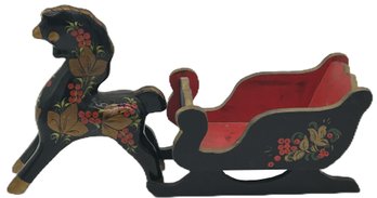 Vintage Hand Painted Wooden Sleigh & Horse, Total Length Of Both 14'L