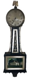 Vintage New Haven Banjo Clock With Mt Vernon Picture And Brass Eagle Finial, 12' X 4.75' X 41'H