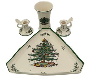 4 Pcs Vintage Spode Christmas Tree, Triangular Plate, 11.5' X 10.25', Vase & Candle Holders