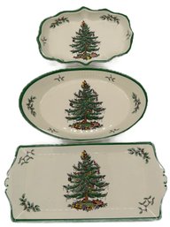 3 Pcs Vintage Spode Christmas Tree Serving Platters, Largest 13.25' X 6.25'