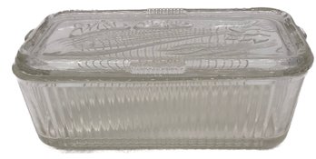 Vintage Clear 2 Pc Pressed Glass Refrigerator Box Ribbed Sides, Vegetables On Lid, 8.5' X 4.25' X 3.5'h