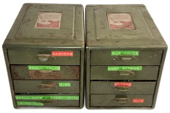 2 Vintage 4-Drawer (Stackable) Metal 'File A Way Chest' In Green Paint With Contents, 5.75' X 8.5' X 6'H
