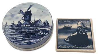 2 Pcs Vintage Holland Delft Blue And White Box 4.25' Diam. & Holland-America Line Tile, 3-7/8' Sq.