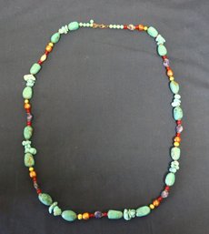 Large Vintage Turquoise Necklace - Mix Of Large And Smaller Stones - W/ Pearls & Carnelian Beads