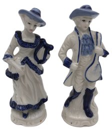 2 Pcs Antique Staffordshire Type Porcelain Statues Of Couple With Instruments In Cobalt, Blue And White7.25'H