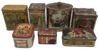 7 PCS 6-Antique And 1-vintage Lithographed Advertising Tea Tins, Largest Oval 5-3/4'H5-1/8' X 3-12' X