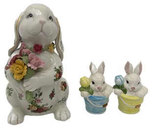 3 Pcs Ceramic Spring Bunnies, Salt & Pepper  And Rabbit Holding Flowers, 8.5'