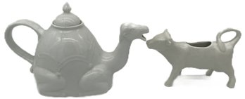 2 Pcs Chin Blanc White China CAMEL Tea Pot, 10' X 5' X 6.5'H & Cow Creamer