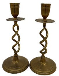 Pair Twisted Brass Candlestick Holders, 8'H