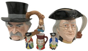 5 Pcs Vintage Toby Style Mugs, Mark Twain , Benjamin Franklin , And Three Miniatures Marked Occupied Japan