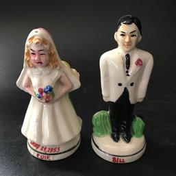 2 Pcs Vintage Pair Ceramic Matrimonial Before And After Salt And Pepper Shakers, Two Sided