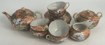 15 Pcs Antique Japanese Eggshell Porcelain Moriage Tea Set, 6 Cups & Saucers, Teapot, Creamer & Covered Sugar