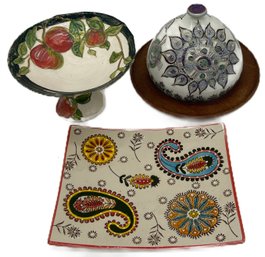 3 Pcs Vintage Serving Pieces, Covered Cheese Board, Compote & Paisley Tray 9.75' X 8'