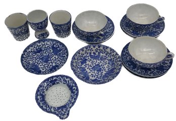 15 Pcs Similar Vintage Japanese Blue And White Tableware, Phoenix Bird Pattern