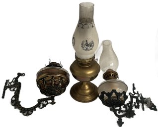 5 Pcs Vintage Kerosene Lamps, Brass With Stenciled Chimney, 16.5'H And 2 With Cast Iron Wall Mounted Holders