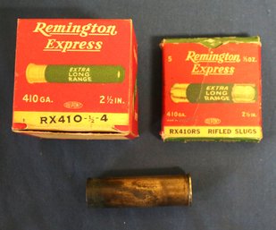 Two Remington .410 Gauge Shotgun Shell Boxes Plus Empty Brass 12ga Winchester Shotgun Shell