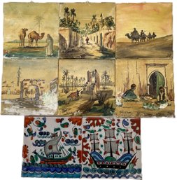 9 Pcs Vintage 8-Hand Painted 6' X 6' Wall Tiles, 2 Made In Greece & Handled Basket