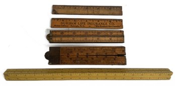 5 Pcs Vintage Wooden Measuring Sticks And Rulers Including 2 Folding Measure Sticks