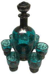 Gorgeous 19thC Sterling Overlay On Teal Glass Decanter  With 6 Glasses, Decanter With Stopper 8'