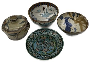 4 Pcs Vintage Studio Pottery Stoneware & Ceramic Vessels, Largest Bowl 8-3/8' Diam. X 4'H