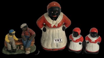 4 Pcs Black Americana - Mammy Still Bank, 7.75'H, Pair Mammy S&P And 1994 Young's Figurine Play Checkers