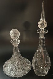 2 Pcs Vintage Heavy Cut Lead Crystal Decanters, Ship Captain's Decanter, 7.5' Diam X 11'H And 17'H Tall