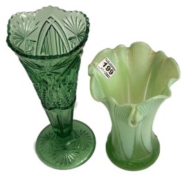 2 Pcs EPAG Green Opaline Ruffled & Pinched Rim Vase, 7.5'H And Sawtooth Rim Green Vase