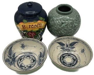 4 Pcs Vintage Ceramics, Covered Biscotti Jar, 9'H, 2 Matching Bowls7.5' Diam. & Signed Japanese Vase