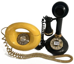 2 Pcs Vintage Reproduction Black Candlestick Phone, 12.75'H & MCM Canary Yellow Circular Phone