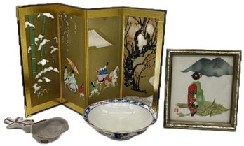 4 Pcs Vintage Asian Tourist Object, Mini 4-Panel Screen, 13.5' X 8.75'H, Bowl And Others