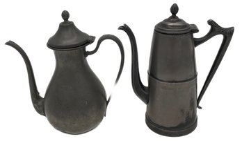 2 Pcs Vintage Pewter Chocolate Or Teapots , Tallest 7.5', 1-Sheffield & 1-Roger
