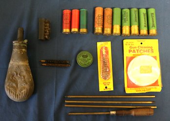 Lot Of Assorted Firearms Items - Cleaning - Miscellaneous Shotgun Shells - Powder Flask - UMC Tin Etc.