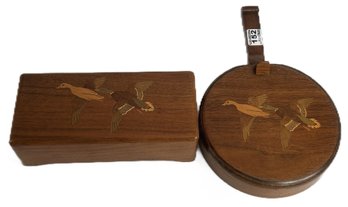 2 Pcs  Humidor & Silent Butler Both With Inlaid Marquetry Duck Motif And Copper Insert, 7.5' Diam. X 11.75' X