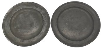 2 Pcs Similar Antique 9.5' Diam. Pewter Plates, 1-Stamped On Reverse With Crown & Laurel & 5 Petals