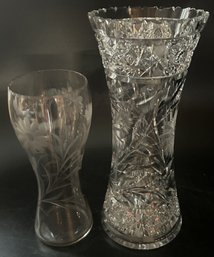 2 Pcs Lead Crystal Cut Vase With Sawtooth Edge, 12'H And Etched Vase, 9'H