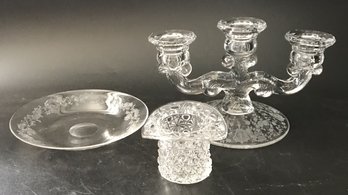 3 Pcs Vintage 2-etched Glass Candlestick 5' Diam. X 8.5' X 5.25'H & Plate And Pressed Glass Top Hat