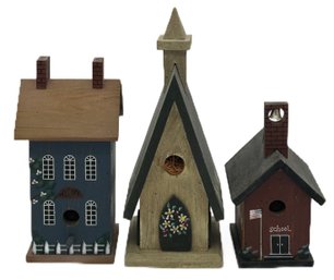 3 Pcs Miniature Window Sill Bird Houses, Folk Art Painted, Tallest 9'H