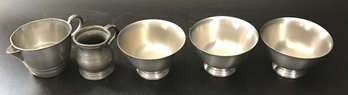 5 Pcs Vintage Pewter, Three International Footed Cups, Lightweight Creamer, 1/2 Gill Measure Stamped VR 449