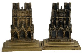 Antique 1922 Pair Heavy Cast Bronze Bookends, Rheims Cathedral, 4.25' X 1.75' X 5'H