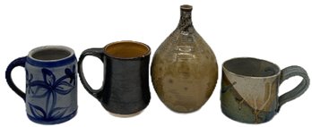 4 Pcs Lot, 3- Vintage Studio Pottery, Ovid Vase 8.5'H * Antique Salt Glazed Mug